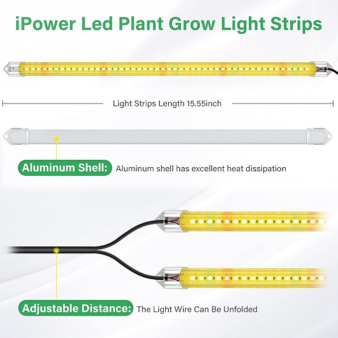 iPower 20W LED Plant Grow Light Strips Full Spectrum for Indoor Plants with Auto ON/Off 3/9/12H Timer, 2 Tubes, Yellow
