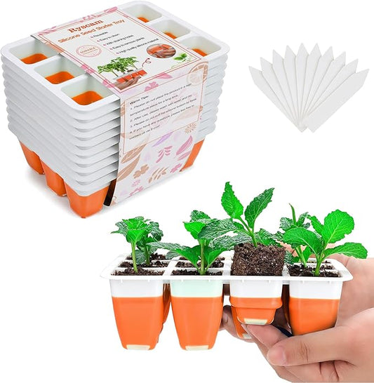 Seed Starter Tray, Reusable Seed Starter Kit, Silicone Seedling Starter Trays for Starting Plant Seeds, Seed Starting Trays with Flexible pop-Out Cells, Indoor Plant Germination Trays (Orange 10PCS)