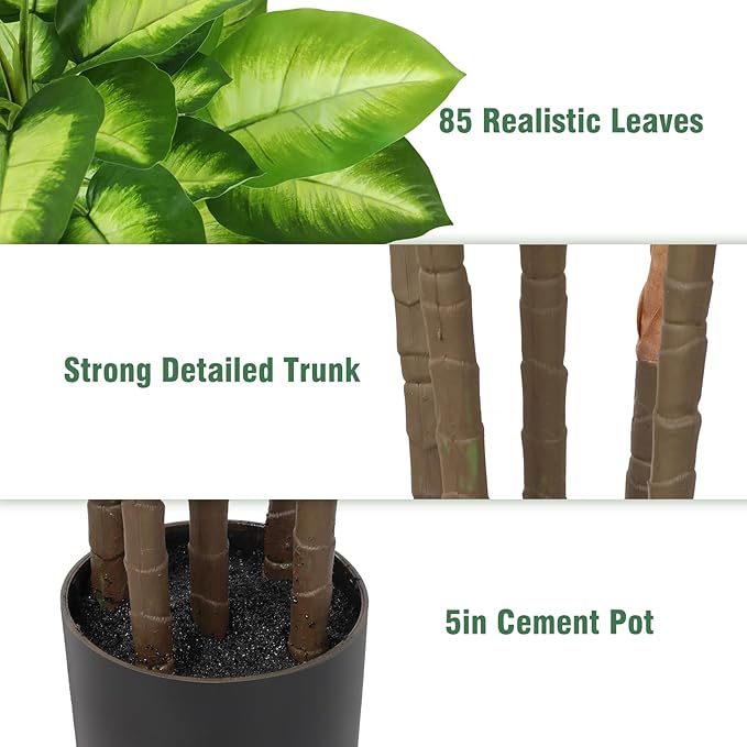 FLOWORLD Artificial Golden Dieffenbachia 4ft Tall Artificial Plants Indoor Decorative Silk Plants Potted Faux Tropical Tree Lifelike House Floor Large Fake Tree for Home Living Room