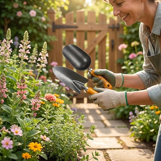 3-in-1 Heavy Duty Gardening Tools Kit, Premium Carbon Steel Garden Hand Tools with Ergonomic Wooden Handle Includes Trowel, Transplanter, and Cultivator, Ideal Gardening Gifts for Gardener