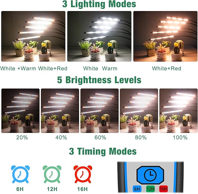 Garpsen Grow Lights for Indoor Plants, 5 Heads Full Spectrum Grow Light with Adjustable Tripod Stand, 100PCS LEDs Plant Light for Indoor Plants with 6/12/16H Timer and 3 Light Modes(No Clip)