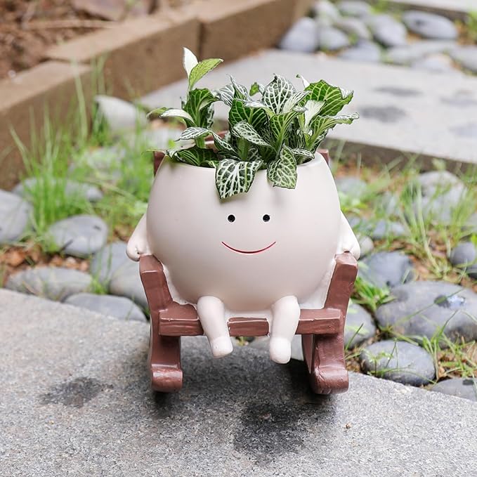 Camotank Smiley Face Rocking Chair Planters Flower Pots for Plants Funny Succulents Plant Live Cute Resin Head Planter for Indoor Outdoor Plants Gift Ideas for Mother and Christmas (Small)