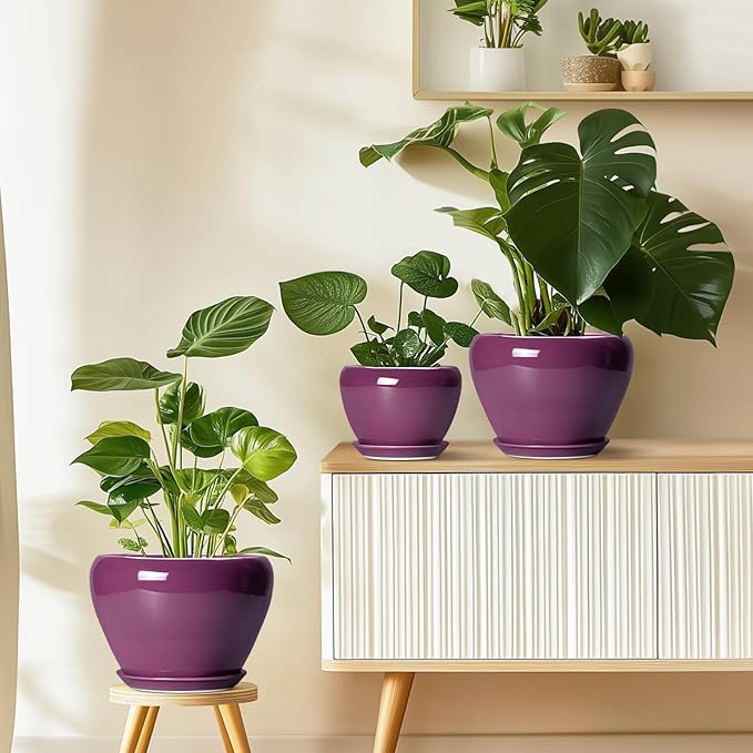 Ceramicfor 10 Inch Plant Pot - Ceramic Planter with Drainage Hole and Saucer, Round Modern Flower Pot for Indoor Outdoor Plants, Housewarming Gift, Home Garden Decor, Purple