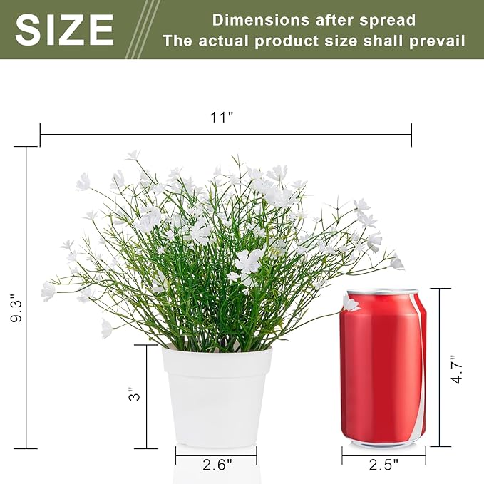 Artificial Babys Breath Potted Fake Plants with Flowers Faux Plants Indoor for Home Office Bookshelf Table Room Decor (White)