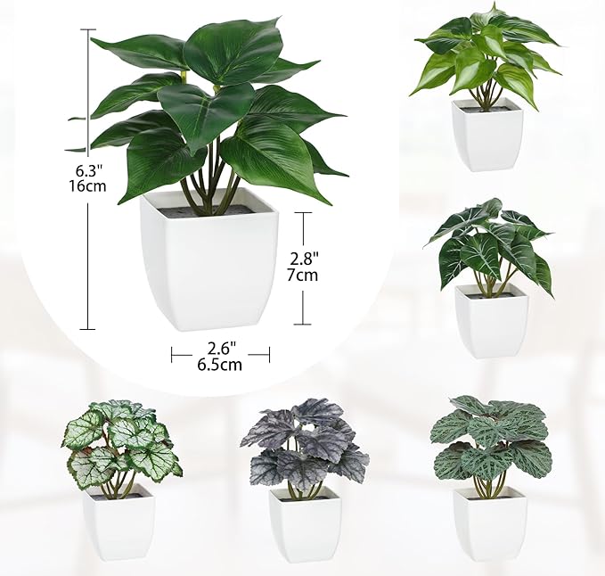Briful 6PCS Fake Plants Potted Artificial Plants, Mini Faux Plants in White Pots Greenery Décor for Home Office Table Shelf Bathroom Farmhouse Indoor Decoration