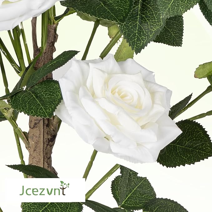 24’’ Artificial Rose Tree, 2 Pack Faux Rose Plants with White Flowers and Green Leaves, 2FT Silk Potted Tree for Indoor Outdoor Home Office Porch Garden Decor, White