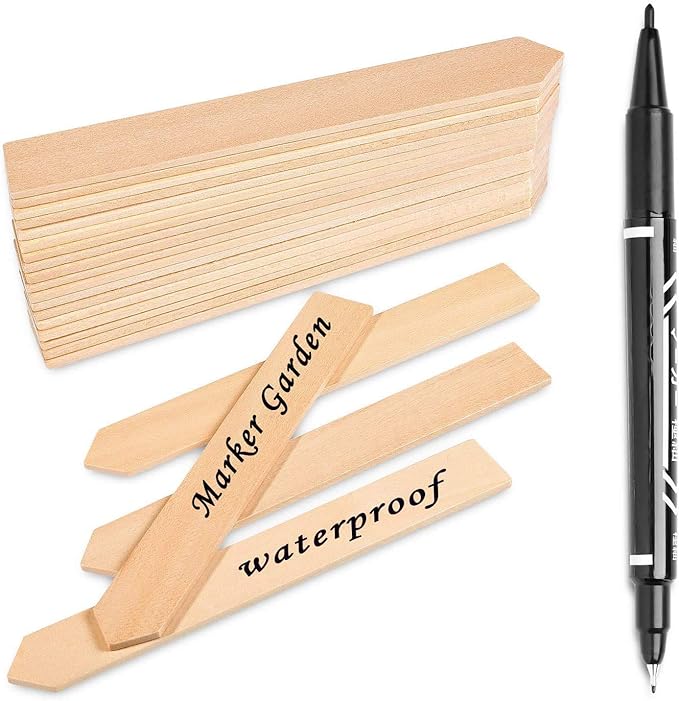 Whaline 50Pcs Wooden Plant Labels with A Marker Pen Waterproof Pointed Wooden Plant Sign Tags Garden Markers for Outdoor Indoor Garden Seed Potted Herbs Flowers Vegetables (15 x 2 cm)