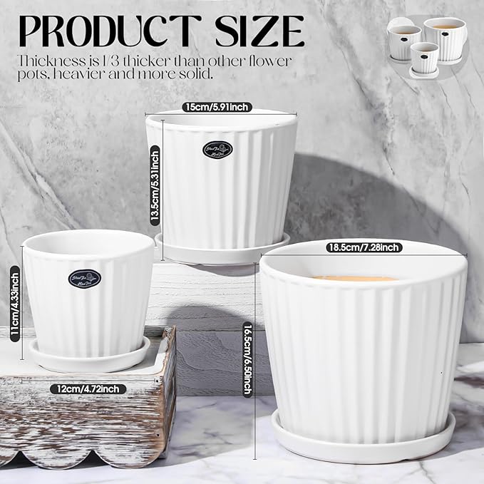 3 Pcs Ceramic Plant Pots 7.3/6/4.7 Inch Ceramic Flower Pot with Drainage Hole and Saucer Decorative Planter Indoor Outdoor for Gardening Home Desktop Office Windowsill Decoration Gift(White)