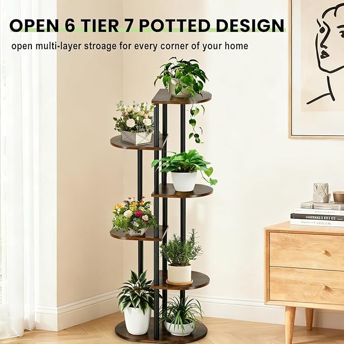 Tiered Plant Stand Indoor, Tall 6 Tier 7 Potted Wooden Plant Shelf for Multiple Flower Plants, Multi Corner Metal Plant Holder Indoor for Patio Garden Patent Design Living Room Balcony Bedroom, Rustic Brown