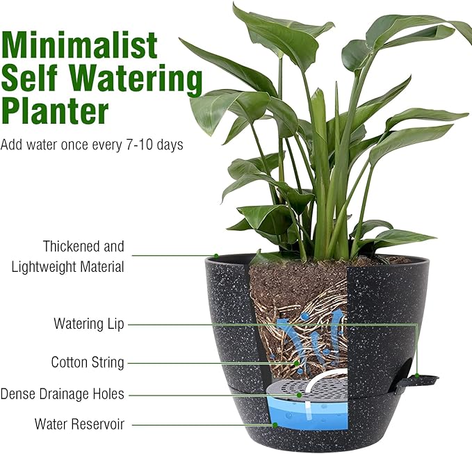 WSMKSZ 12 inch Large Self Watering Pots, Planter, Plant Pots with Mesh Drainage Holes for Indoor Outdoor House Plants and Garden, Plastic Flower Pots with Deep Reservoir, Speckled Black