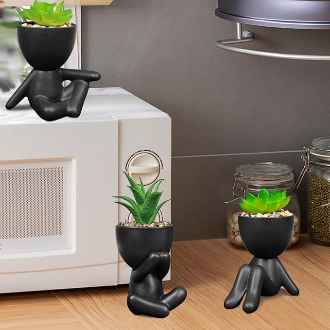 Pack of 4 Black Cute Fake Plants, Artificial Succulent Plants with Creative Human Shaped Pots,Mini Potted Desk Plants for Office Bathroom Shelf Cubicle Home Decor (Matte Black)
