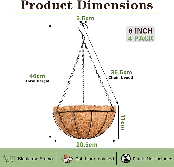 EIMQUVW Outdoor Metal Hanging Planters Basket (4pack, 8 inch) Hanging Baskets for Plants Chain Round Wire Plant Holder with Coco Fiber Liners for Garden, Patio, Deck, Porch