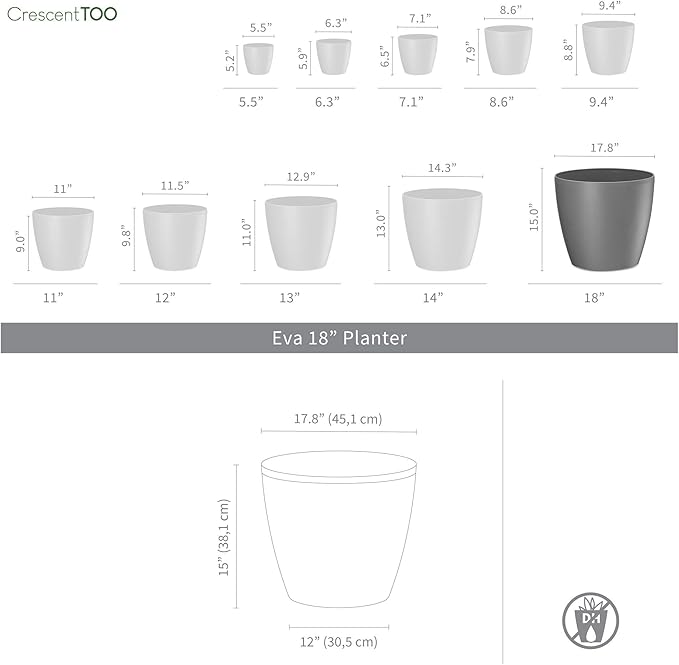 Crescent Too Eva Decorative Planter Modern Pot for Plants, Flowers, Herbs & Succulents, No Drain Hole - 18" W - Fudge