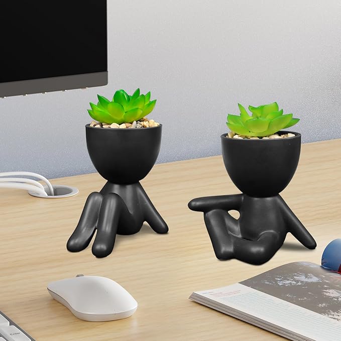 Pack of 4 Black Cute Fake Plants, Artificial Succulent Plants with Creative Human Shaped Pots,Mini Potted Desk Plants for Office Bathroom Shelf Cubicle Home Decor (Matte Black)