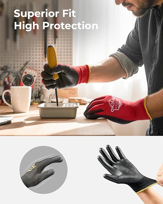 OKIAAS Work Gloves for Men - Ultra Thin and Lightweight With Grip, Bulk Case of 60 Pairs, Polyurethane Coating for Construction and Light Duty Work (Black, X-Large)
