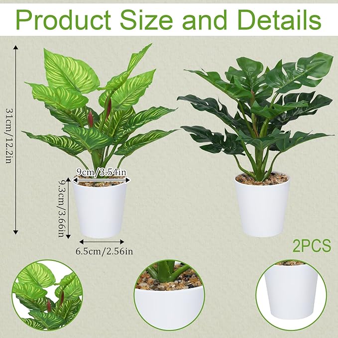 2PCS 12.2" Tall Artificial Monstera Plants for Office, Fake Plants Artificial Potted Plant Bathroom Decor Indoor Faux Tropical Plant Realistic Artificials for Home Office Table Bathroom Shelf Desktop