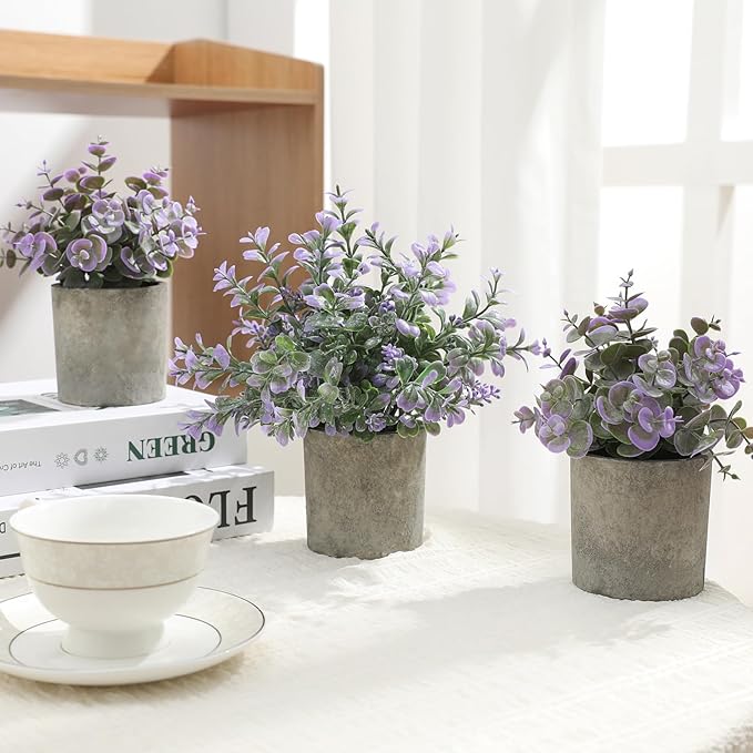 3 Pack Mini Purple Potted Fake Plants Artificial Plastic Indoor Eucalyptus Plants for Home, Office, Desk, Bathroom, Coffee Table & Shelf