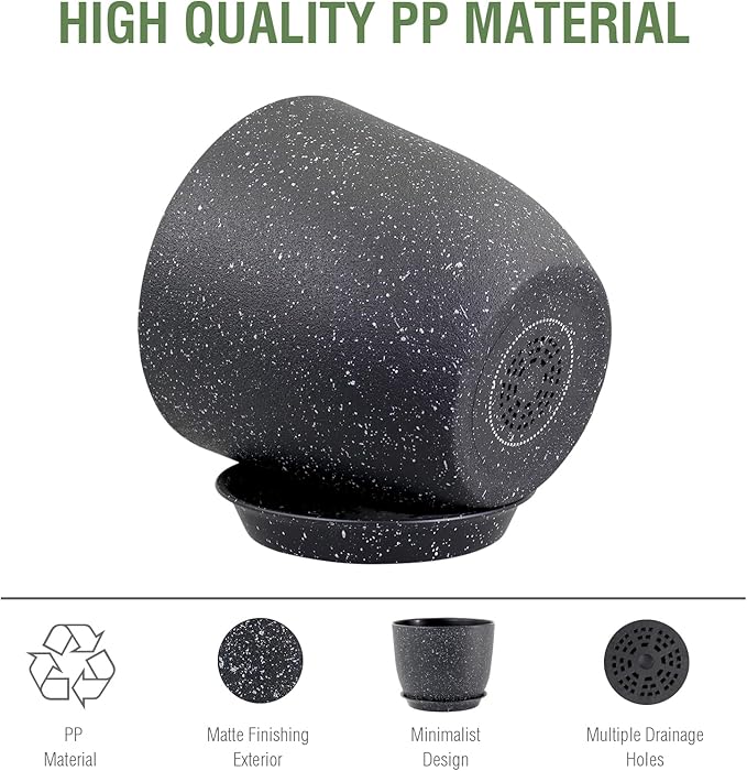 Meowell 12 inch Big Plant Pots, Plastic Planters with Drainage Holes and Trays, Large Flower Pots for Indoor Outdoor Plants, Modern Decorative Pots for Garden House Plants, Speckled Black