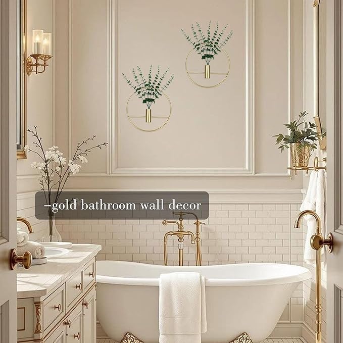 GREENTIME 2 Packs Hanging Planters with 15in Artificial Eucalyptus Plants for Indoor Outdoor Home Bathroom Living Room Wall Decor (Gold, Circle)