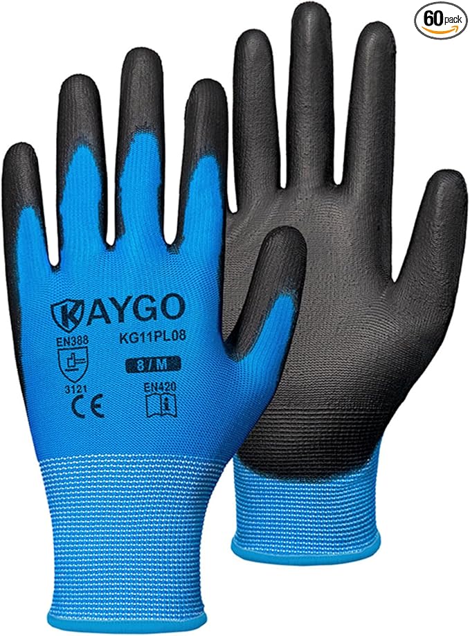 KAYGO Work Gloves for Men and Women, 60 Pairs Seamless Knit PU Coated Safety Gloves, with Smooth Grip on Palm and Fingers, Ideal for Light Warehouse, Manufacturing, Gardening, KG11P (M, Blue)