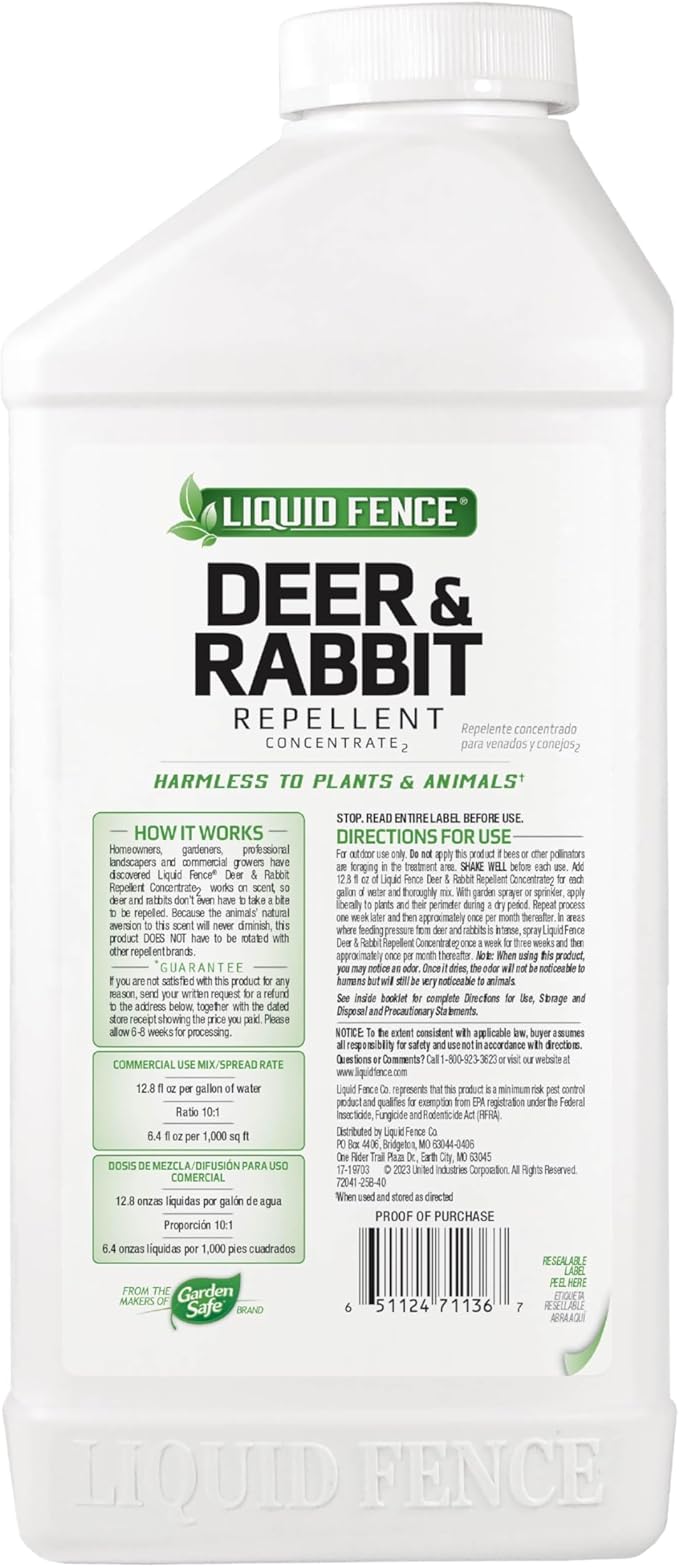 Liquid Fence Deer And Rabbit Repellent Concentrate 40 Ounces, Apply Year-Round