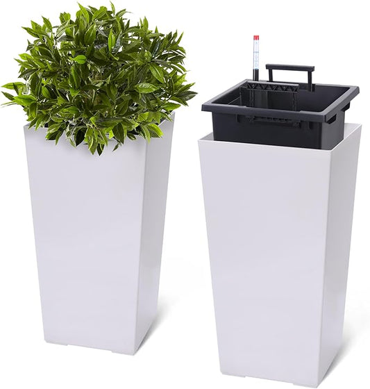 22.5 Inch Tall Self Watering Planters Set of 2, Indoor Outdoor Planter Pots with Water Level Indicator, Drainage Holes and Removable Inner Bucket for Patio Porch Balcony, White
