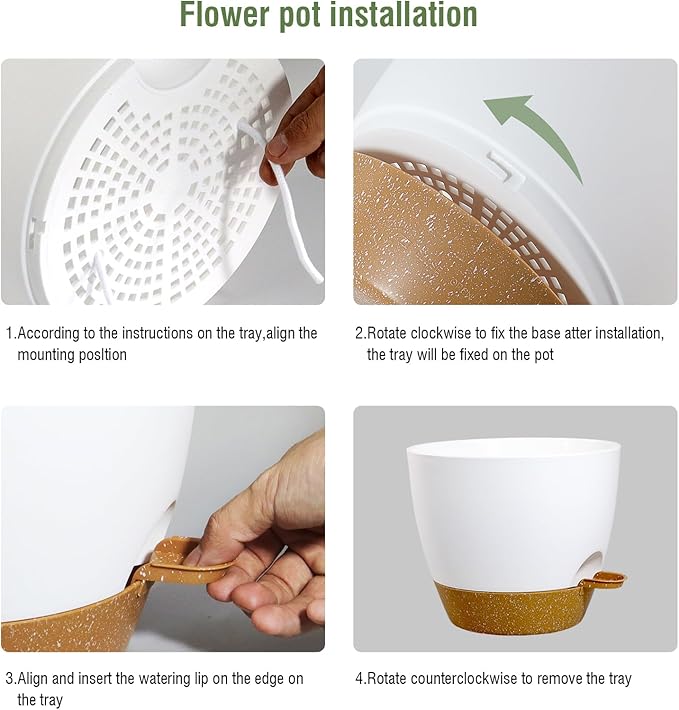 WSMKSZ 12 inch Large Self Watering Pots, Flower Plant Pots with Drainage Holes for Indoor Outdoor Garden Plants, Plastic Planters with Removable Deep Reservoir, White with Brown