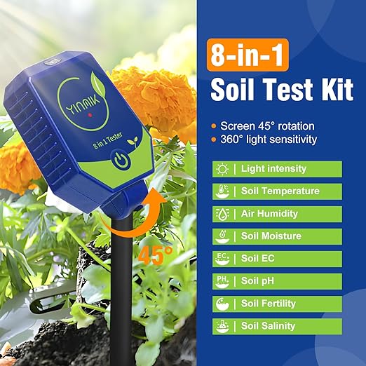 YINMIK Soil Test Kits, pH Moisture Meter for Plant, Smart Soil pH Tester, Digital Soil pH Meter, 8 in 1 Soil Meter - pH Moisture EC Fertility Salt Light Air Humidity Temp Meter for Outdoor, Garden