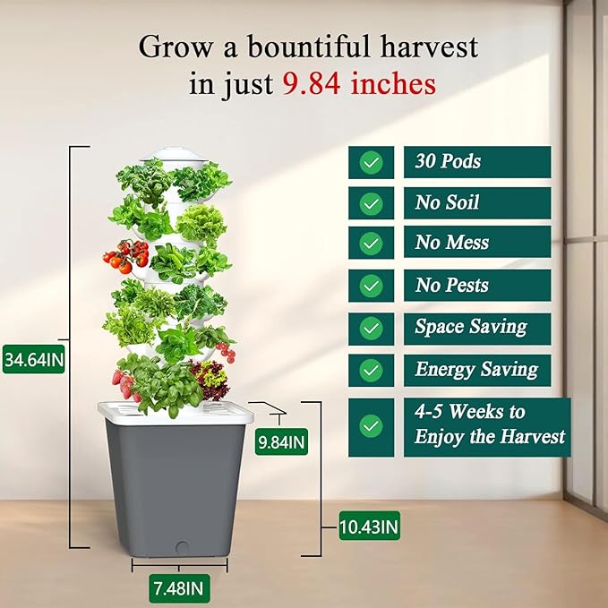Hydroponics Growing System, 30-Plant Indoor Tower with Pump System, Plants Germination Kit, Vertical Hydroponic System for Gardening Lover (No Seed)