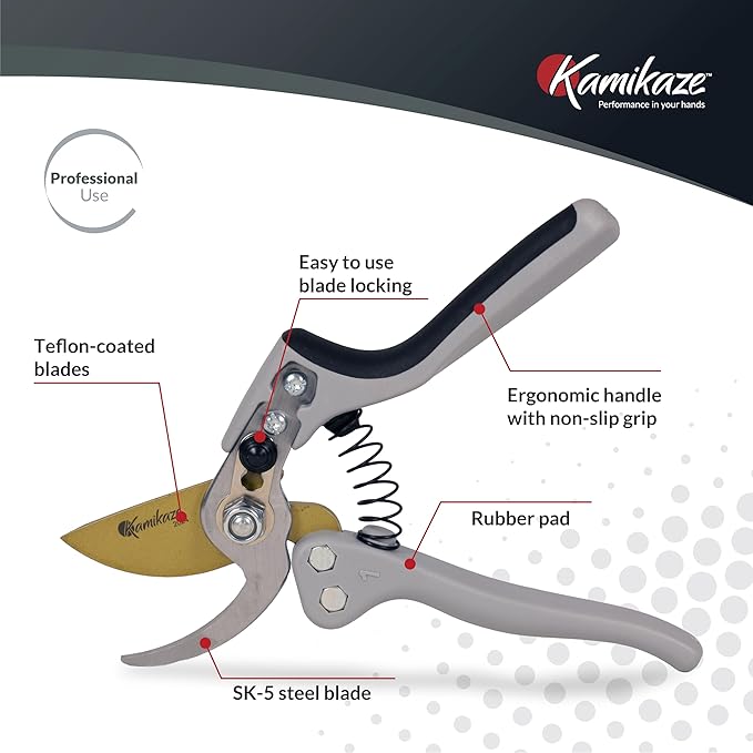 KAMIKAZE Heavy-Duty Professional Pruning Shears for Gardening, Ergonomic Comfort Handle, SK5 High-Carbon Steel Bypass Blade, Cuts Branches Up to 1 Inch, Garden Clippers for Tree and Shrub Trimming