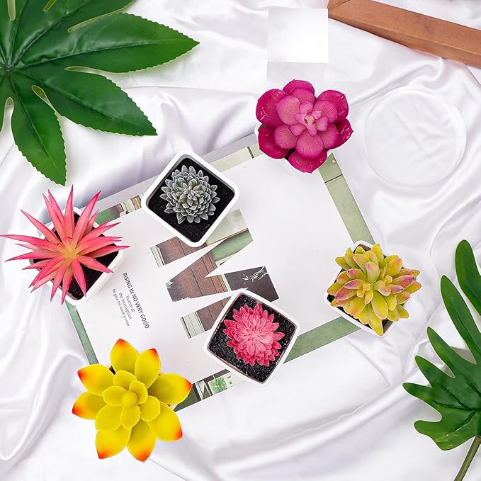 6 Pcs Pink Artificial Succulent Plants in Black Pots, Small Fake Succulents for Pink Room Decor Bathroom Decor Office Desk, Lifelike Faux Plants with Minimalist Modern Aesthetic