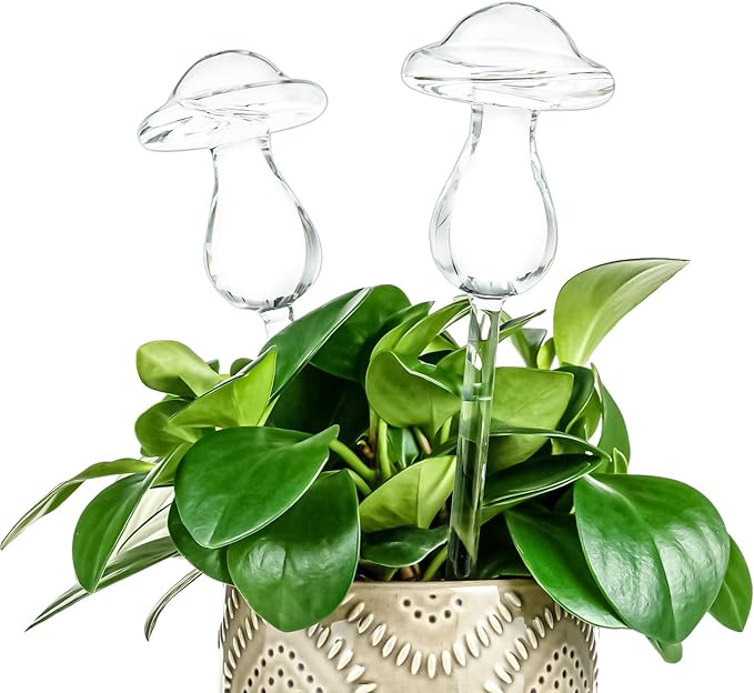 Kingbuy Mushroom Shaped Self-Watering Globes - 2 Pack Glass Automatic Plant Waterer for Indoor Outdoor Plants, Water Bulbs & Decorative Stakes for Plant Lovers