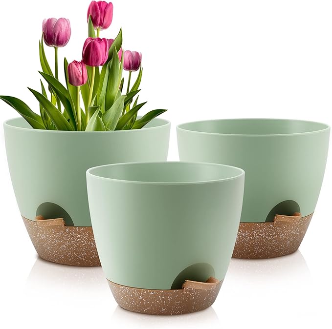 QRRICA Plant Pots 10/9/8 Inch Self Watering Pots, Set of 3 Plastic Planters with Drainage Holes and Saucers,Plastic Flower Pots,Nursery Planting Pot for Indoor Out Door Plants（Green）