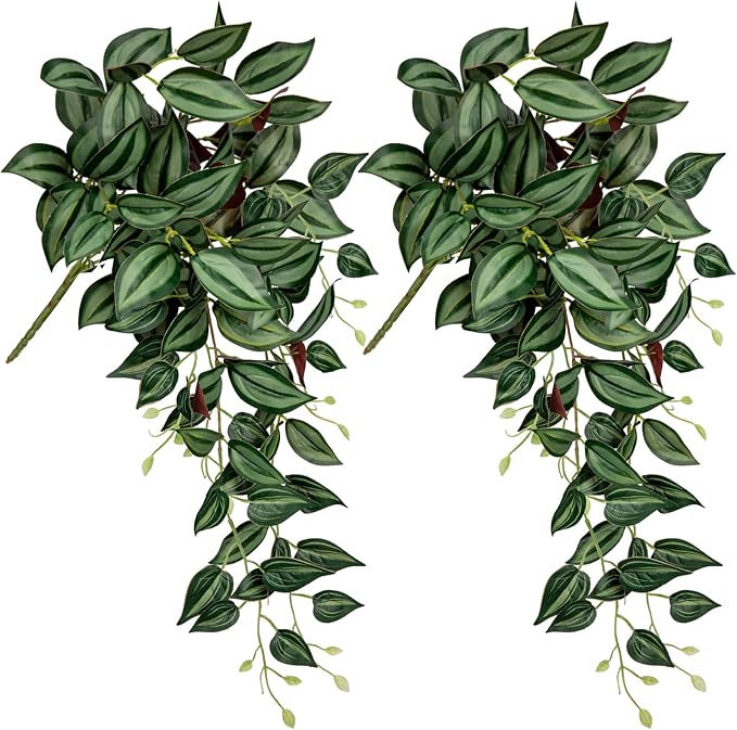 DILATATA Fake Hanging Plants Artificial Hanging Plants 92 Leaves Faux Wandering Jew Hanging Leaves Plants for Wall Shelf Home Indoor Outdoor Decor - 2 Pack