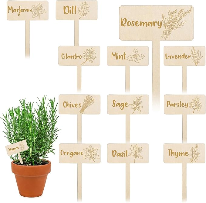 JarThenaAMCS 24Pcs Wooden Plant Label Signs 12 Styles Spring Summer Garden Herb Markers Wood T-Type Tags Reusable Plant Stake Tags with Names for Nursery Indoor Outdoor Garden Decor