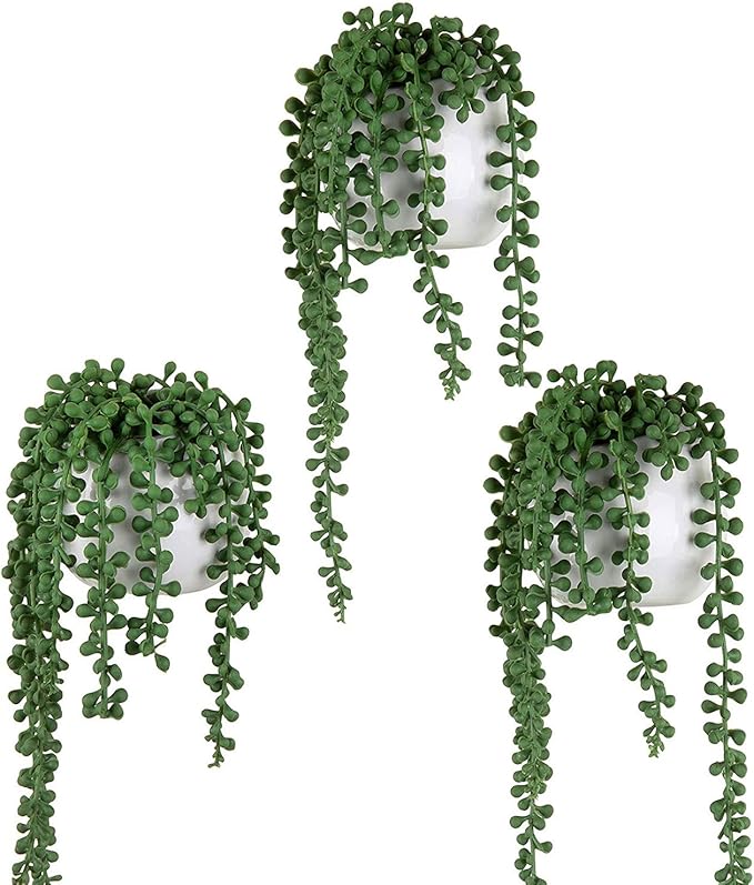 MyGift Artificial Faux String of Pearls Plants in White Ceramic Wall Hanging Planter Pot with Jute Rope, Set of 2