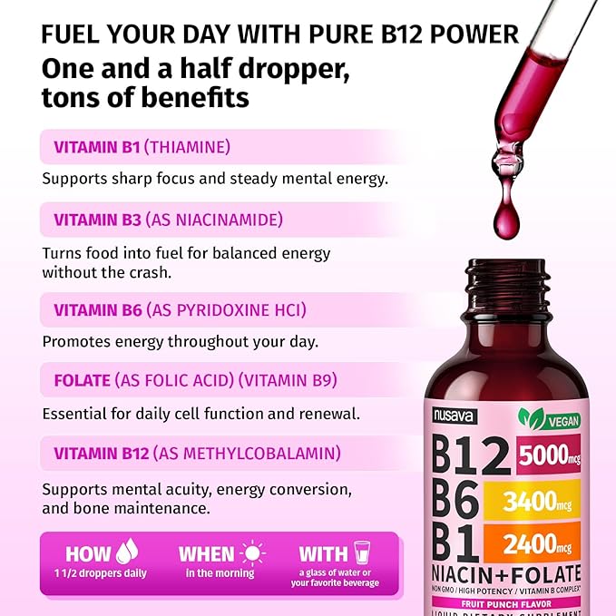 (2 Pack) Vitamin B12 and B6 Liquid Drops, B12 Sublingual Vitamin B Complex - B 12 Vitamin 5000mcg - B12 Methylcobalamin for Energy, Brain, and Heart Support with 27,200 mcg, Fruit Punch, 80 Servings