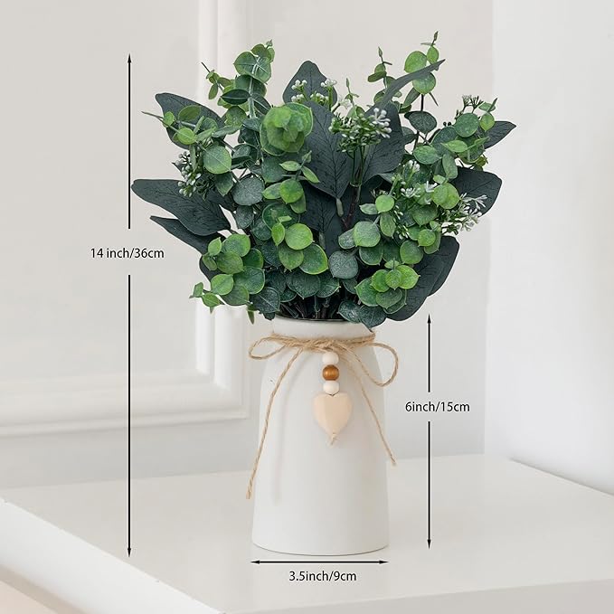 Artificial Silver Dollar Eucalyptus Stems in Vase, Rustic Farmhouse Greenery, Faux Eucalyptus Picks with Baby Eucalyptus & Wooden Heart for Home Décor, Weddings, Bouquets, and Table Centerpieces