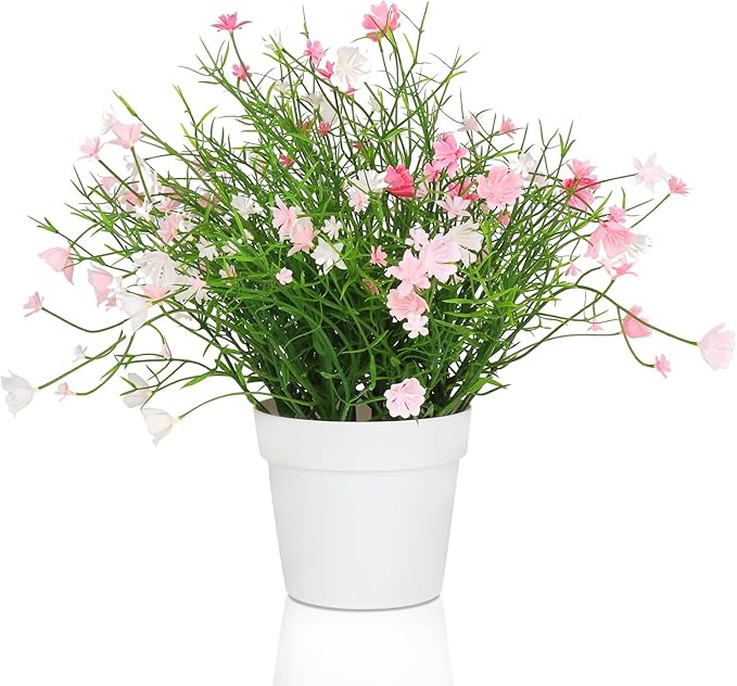 Artificial Babys Breath Potted Fake Plants with Flowers Faux Plants Indoor for Home Office Bookshelf Table Room Decor (Pink)