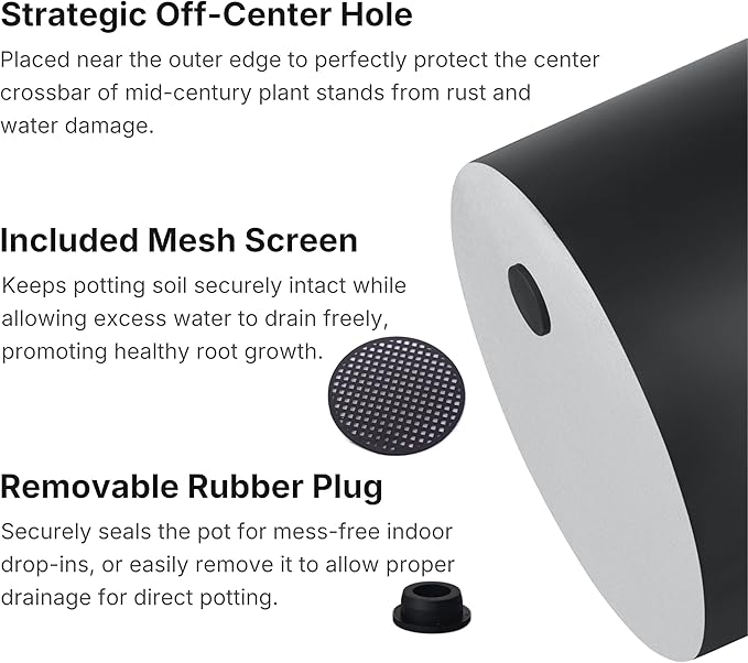 FaithLand 14 Inch Fiberstone Planter - Lightweight Modern Cylinder Plant Pot with Drainage Hole & Plug, Indoor Outdoor Use, Matte Black