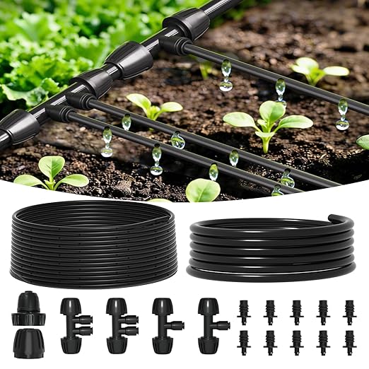 MIXC 1/4" Irrigation Dripline Tubing (100 Ft Roll) with 10Ft 1/2" Main Line, Saving 80% Water, 6" Emitter Spacing, 0.5 GPH Emitters Built-in Drip Irrigation Line with 1/4" Push-to-Connect Fittings