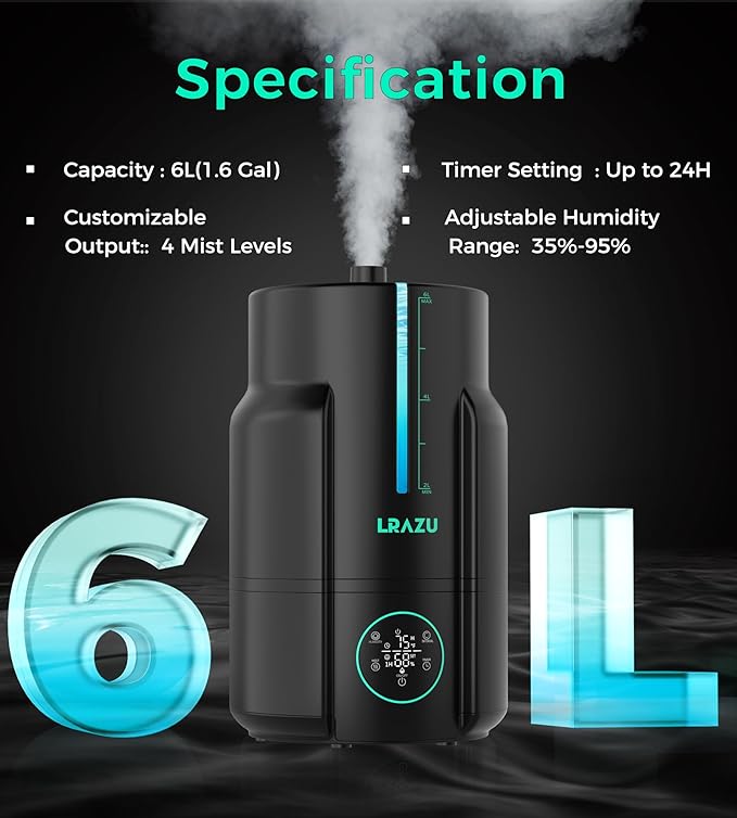 6L/1.6 Gal Reptile Fogger Humidifier, Misting System for Reptiles with Extendable Targeting Hose, 400 mL/h Plants Humidifier with Precise Temp & Humidity Probe for Grow Tent, Greenhouse, Growers
