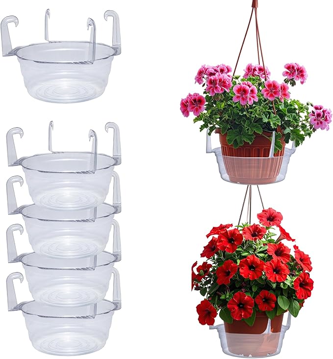 Curtis Wagner Plastics Hanging Basket Drip Pans (5-Pack) | Clear, Round (Diameter = 7.37" Base, 10" Top, 3.7" Depth) Hanging Plant Tray Saucer with Built-in Hooks & Water Catcher for Indoor & Outdoor