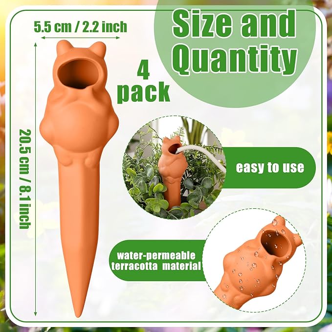 4 Pack Terracotta Self Watering Stakes Frogs Shaped Plant Watering Devices Spikes Irrigation Slow Release Plant Self Water Spikes Planter Insert for Garden Indoor Outdoor Pot Plants