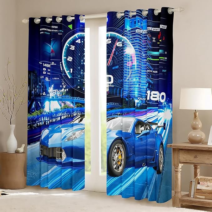Feelyou Boys Race Car Window Curtains Bedroom Living Room Cool Sports Car Curtains Kids Room Decor Boys Girls Extreme Sports Window Drapes Blue Automobile Treatments 52W X 63L，2 Panels