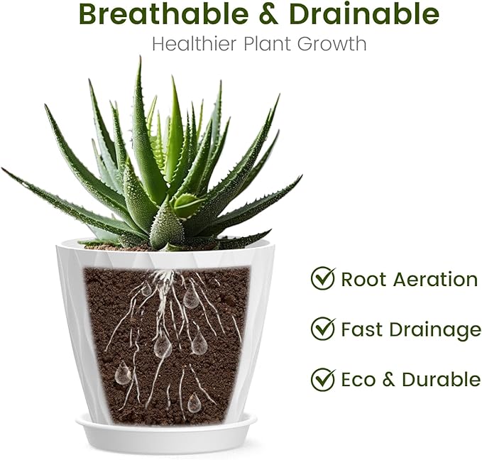 UOUZ 4 Inch Small Pots for Plants, 6 Pack Waffle Texture Small Plant Pots for Succulents, Plastic Planter with Drainage Holes and Saucers for Indoor Outdoor Plants, Flowers, Herbs, Seedlings, White