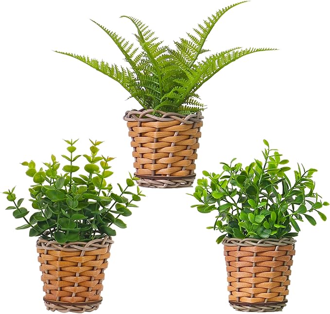 Small Fake Plants, 3 Pack Mini Potted Artificial Fern, Eucalyptus, Aglaia Odorata Plant in Rattan Pots, for Farmhouse, Home Decor, Office, Bathroom, Desk, Indoor & Outdoor