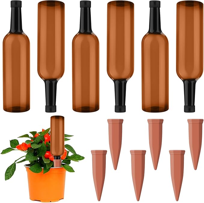 12 Pcs Self Watering Spikes for Plants Terracotta Automatic Plant Waterer Stakes with(25.5 Oz) Plastic Bottles, 6 Set Self Watering Globes Keep Plants Watered for 7-9 Days (Brown)