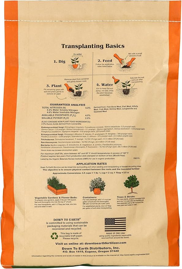 Down To Earth All Natural Fertilizers Organic Bio-Live Starter & Transplant Mix with Mycorrhizal Fungi and Benefical Microbes for Plant Food 5-4-2, 25 lb