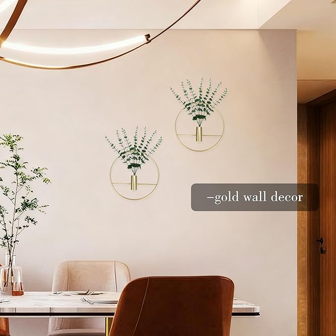 GREENTIME 2 Packs Hanging Planters with 15in Artificial Eucalyptus Plants for Indoor Outdoor Home Bathroom Living Room Wall Decor (Gold, Circle)